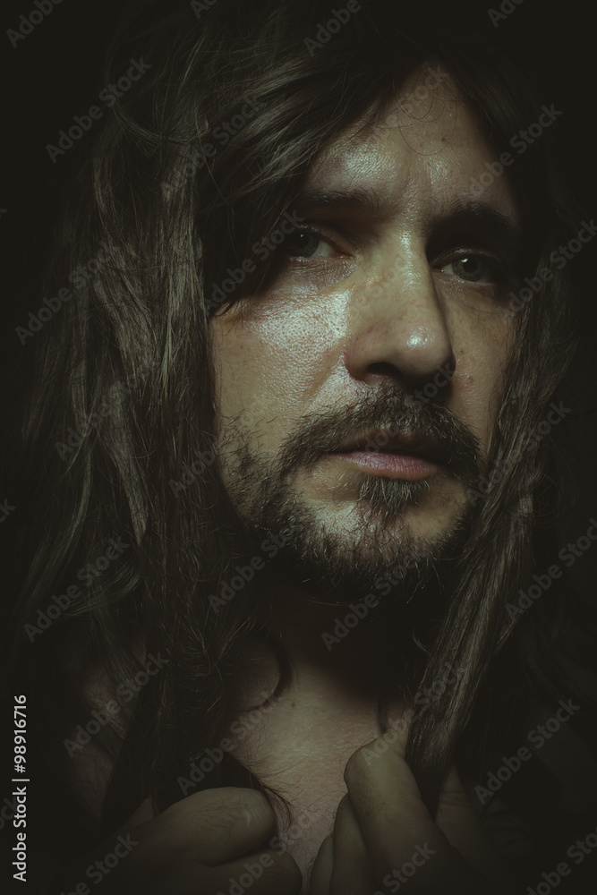 sad man long brunette hair with naked sensual and pretty looking sad man long brunette hair with naked sensual and pretty looking