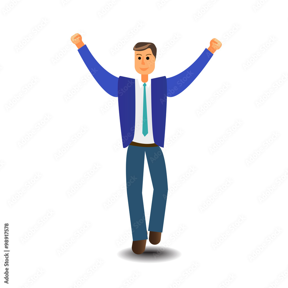 Cartoon character Business Man Excited Hold Hands Up Raised Arms Stock