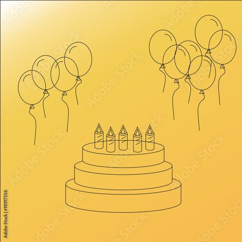 Happy birthday vector line icons:  cake and balloons.