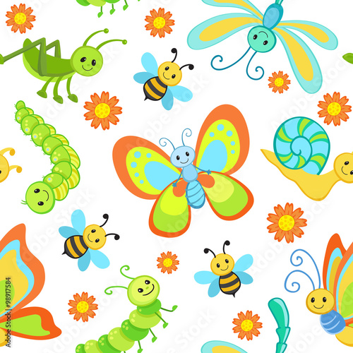 Cute seamless patterns with cartoon happy insects. 