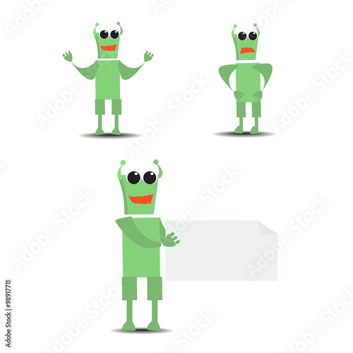 Green alien monster. Monsters cheerful and sad