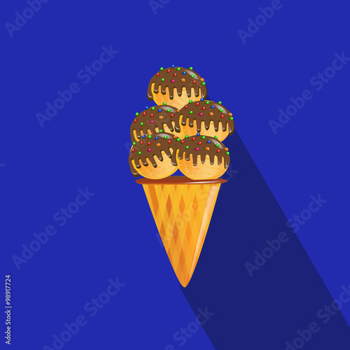 Bright tasty ice cream. Flat icon on blue background