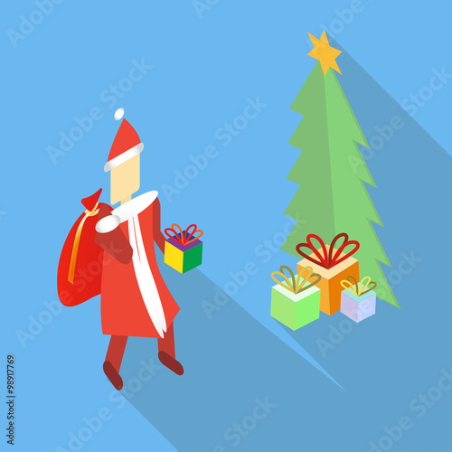Isometric vector Santa Claus bringing the present