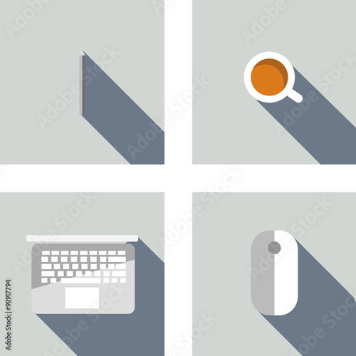  Set of  flat icons: pen, laptop, mouse, coffee. Flat design.