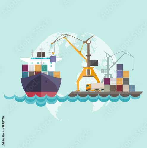 Cargo seaport with ship and cranes.