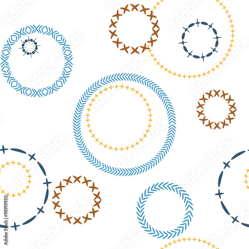 Bright seamless pattern with embroidered image of laps, seams, stitches for the style hippie boho, ethnic and denim style. Modern design, best for prints on textiles and paper.