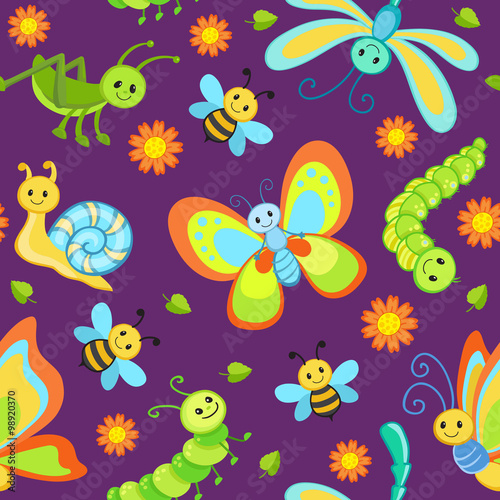 Cute seamless patterns with cartoon happy insects. © sandybar