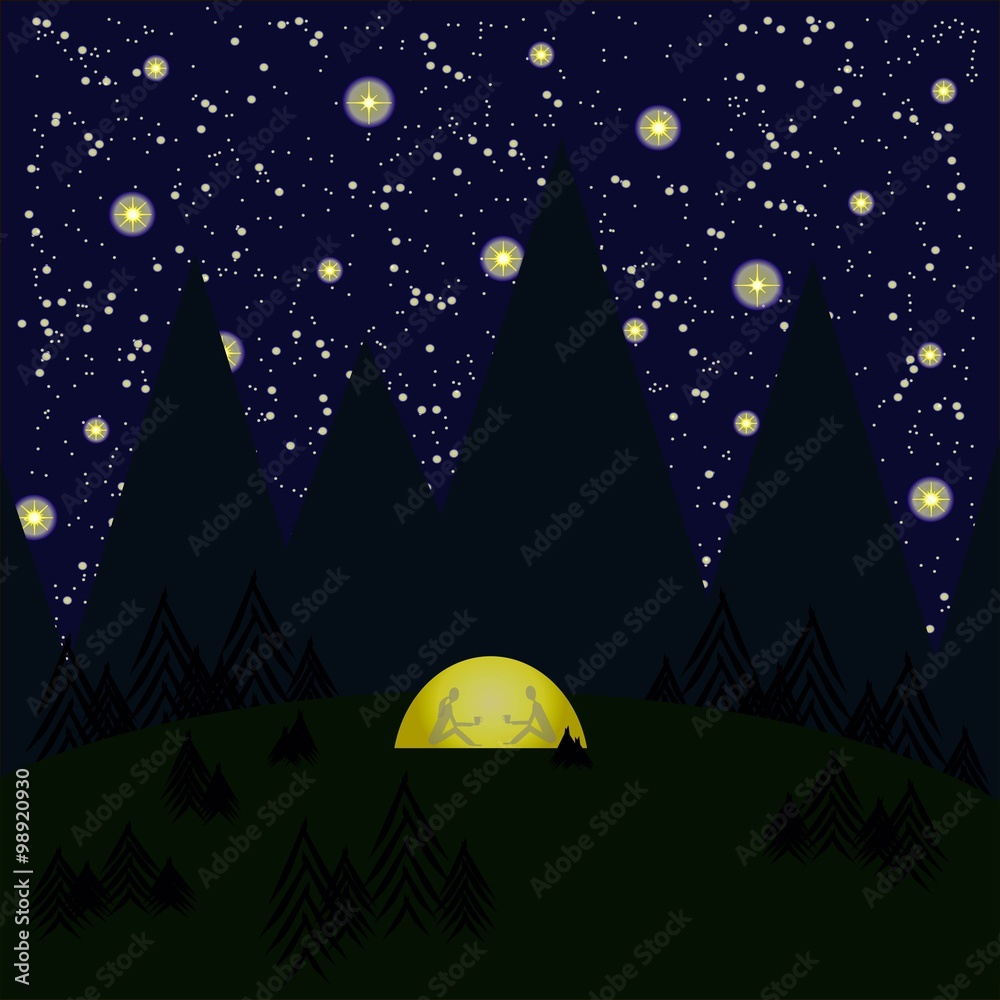Naklejka premium Night, mountains, trees, forest, tent glows yellow, gray shadows of woman and the men in the tent, starry night sky. Travel, climbing, hiking, backpacking, romantic, healthy lifestyle, sport, vector