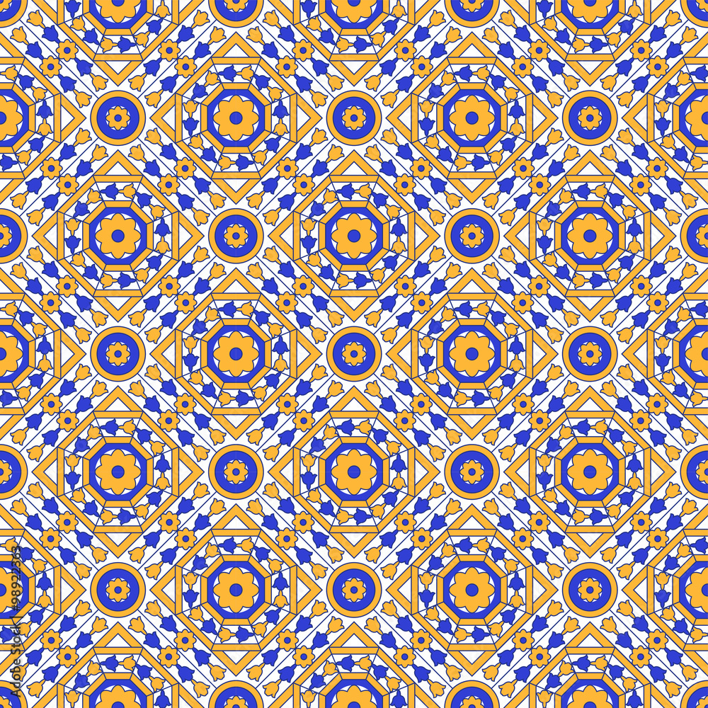 Seamless background image of vintage square cross round octagon flower kaleidoscope pattern.
