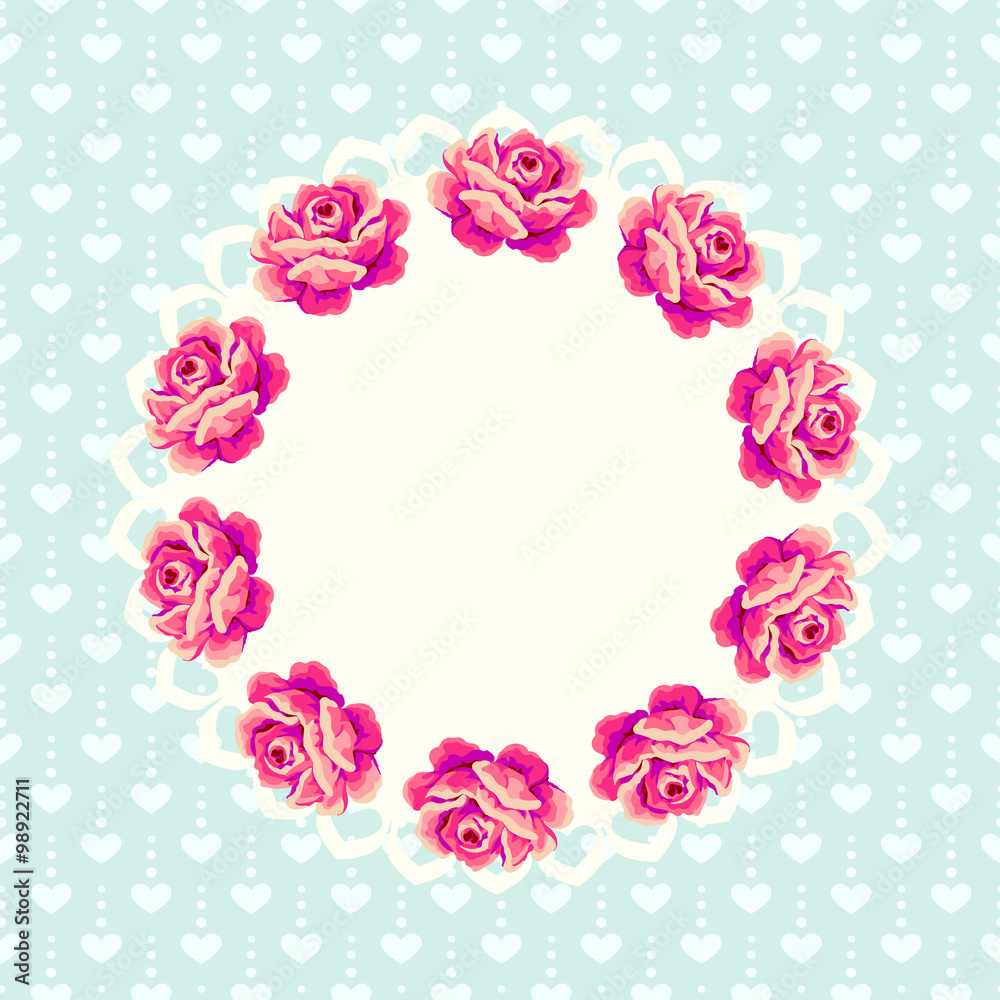 Shabby chic floral wreath. Vintage roses greeting card.