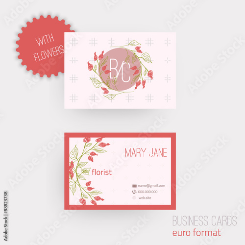 Vector floral horizontal business cards. Complied with the euro standard sizes.