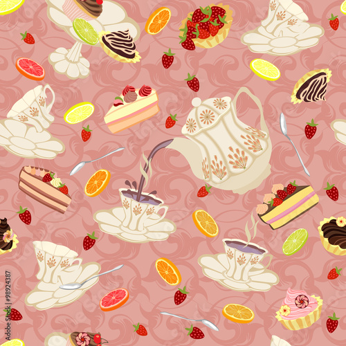 Pattern with flying tea cups  fruits and sweets.