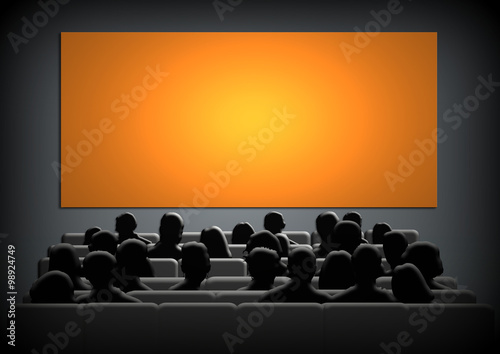 Pantalla naranja, iluminada, luz, cine, espectadores, personas, público, asientos