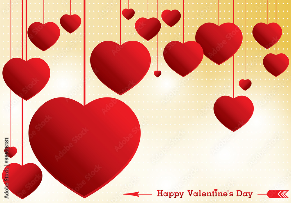Valentine's Day and red heart on yellow background. Vector Valentine's Day background.