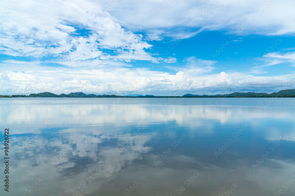 Reflex picture of sea and blue Sky at  Mangrove forest in Kung Krabaen Bay Chathaburi Province, Thailand
