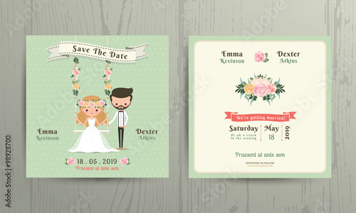 Rustic wedding cartoon bride and groom couple invitation card