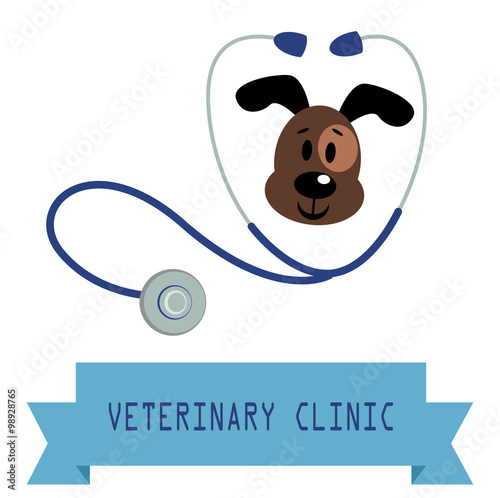 Veterinary clinic poster with cute dog and stethoscope.