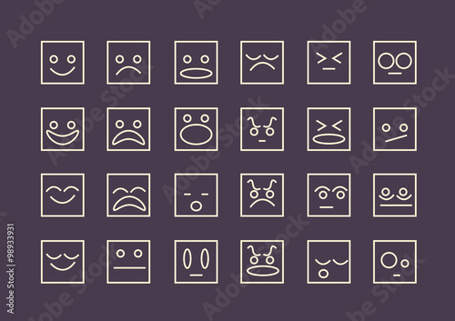 Square emoji set on dark background, simple emoticons outline collection, vector eps10 illustration