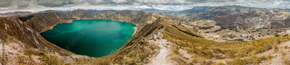 Panorama of Quilotoa crater and valley of Toachi river,  Ecuador