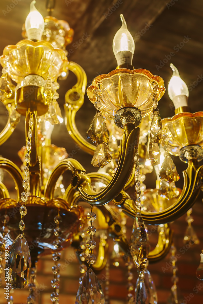 classic retro chandelier crystal lamp with wooden ceiling interior background classic retro chandelier crystal lamp with wooden ceiling interior background