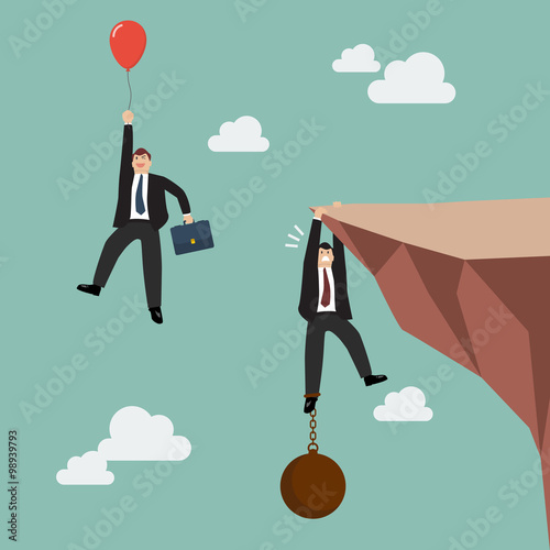 Businessman with red balloon fly pass businessman hold on the cl