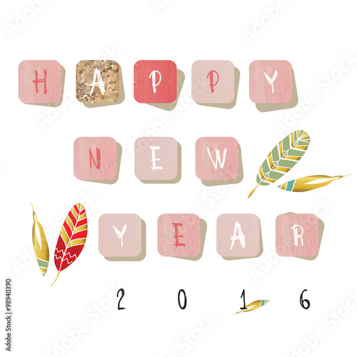 Light pink red gold block happy new year font with feather