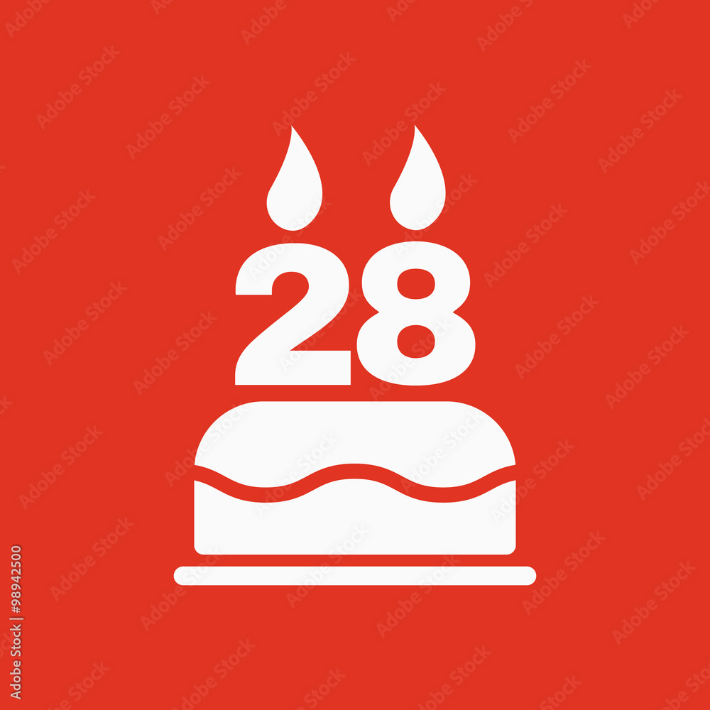 The birthday cake with candles in the form of number 28 icon. Birthday symbol. Flat The birthday cake with candles in the form of number 28 icon. Birthday symbol. Flat
