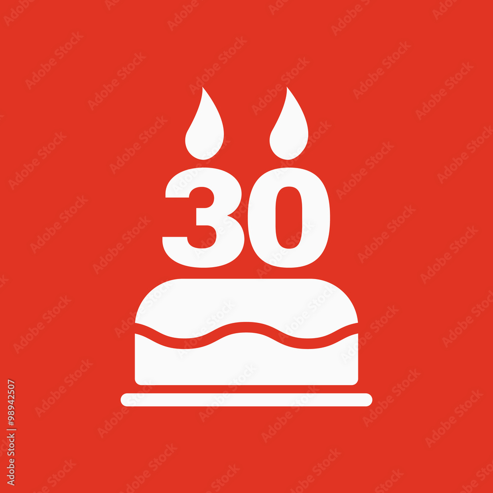 The birthday cake with candles in the form of number 30 icon. Birthday symbol. Flat The birthday cake with candles in the form of number 30 icon. Birthday symbol. Flat