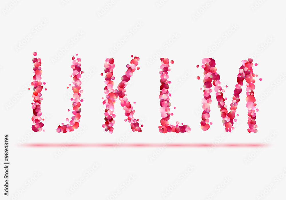 Pink rose petals alphabet. Part 3 Letters I, J, K, L, M.