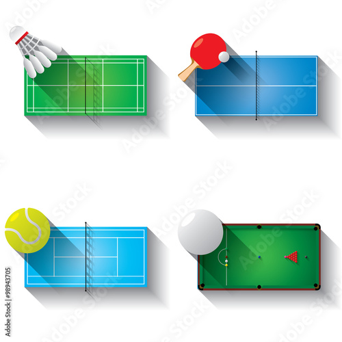 Sport fields illustration icons set with long shadow,
badminton, table tennis, tennis an snooker
