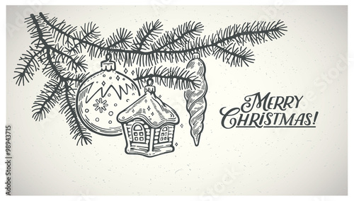 Branches Christmas spruce with toys. Christmas card.