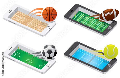 Game on mobile illustration set. basket ball, American football, Soccer and tennis