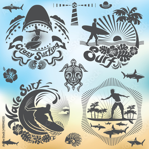 Surfer holiday illustration set, surf elements
Surf calligraphic designs ornaments, water sport paradise