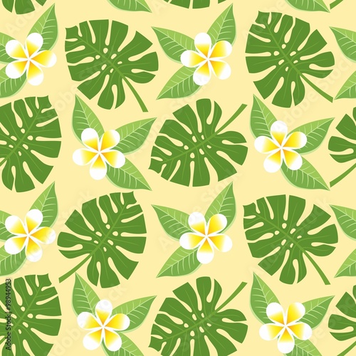 seamless tropical leaves and flowers - monstera and plumeria