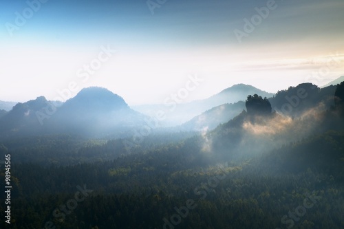 Heavy misty daybreak. Misty daybreak in a beautiful hills. Peaks of hills are sticking out from foggy background.