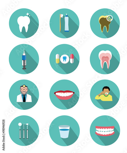 Modern flat dental icons set with long shadow effect
