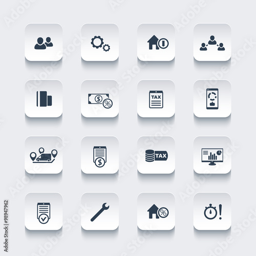 16 finance, costs, tax rounded square icons, vector illustration