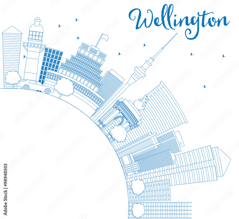Outline Wellington skyline with blue buildings and copy space. Some elements have transparency mode different from normal.