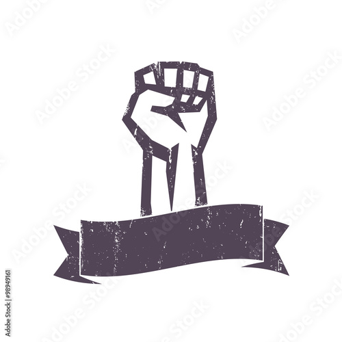 fist held high in protest with ribbon, grunge design template, vector illustration