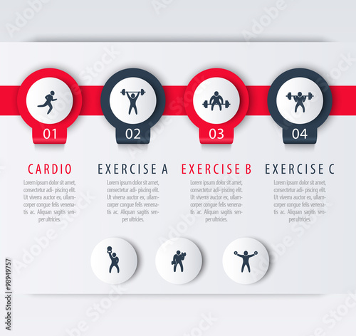 Gym training, workout, 4 steps infographic design, with fitness exercise icons, vector illustration