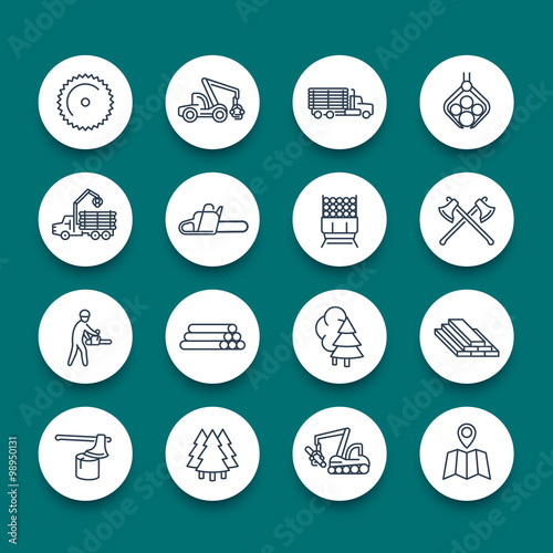 Logging, sawmill, forestry equipment line round icons, logging truck, tree harvester, timber, lumberjack, wood, lumber, vector illustration