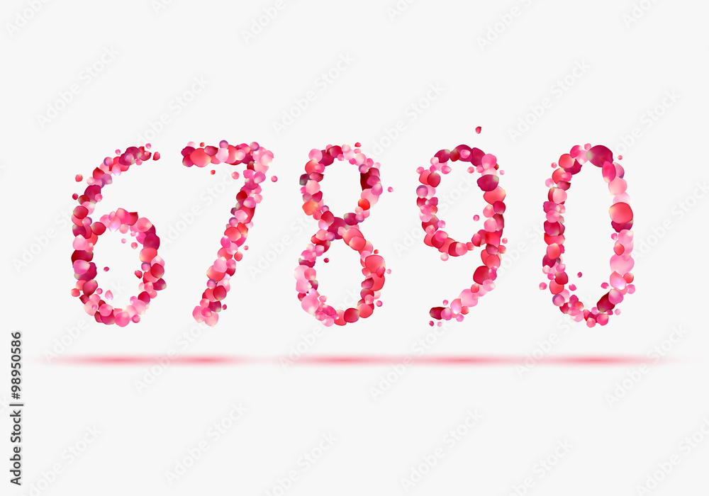 Pink rose petals numeral figures. 6, 7, 8, 9, 0