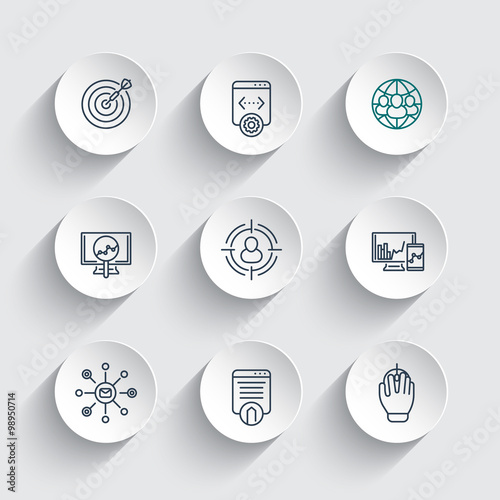 seo line icons on round 3d shapes, search engine optimization, internet marketing, website indexing, seo tools, vector illustration