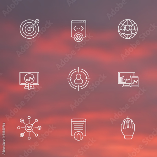 seo line white icons, search engine optimization, seo tools, internet marketing, website indexing, vector illustration