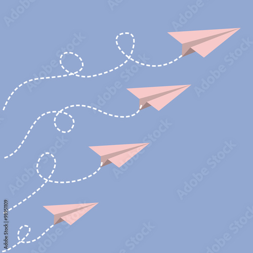 Origami paper plane set . Dash line loop in the sky. Love card. Flat design. Serenity, pink rose quartz color.