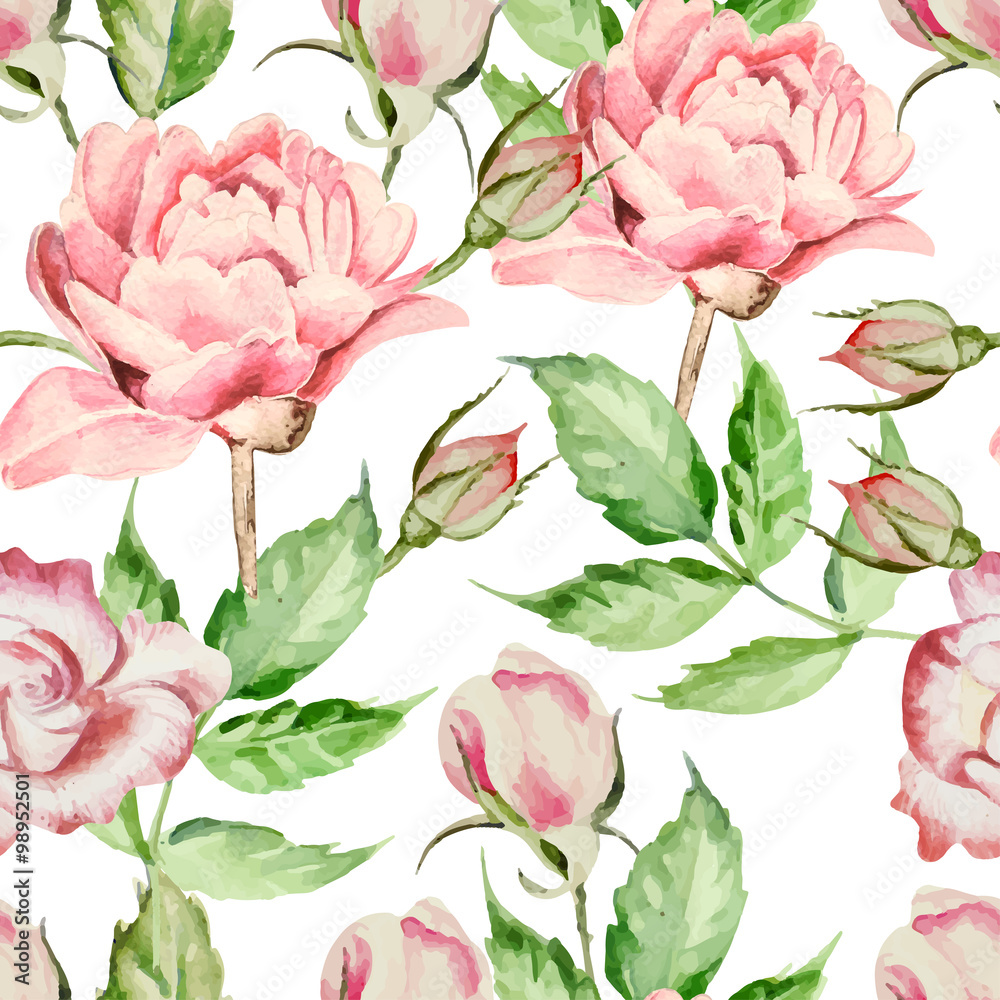 Seamless pattern with watercolor flowers. Rose and peony. 