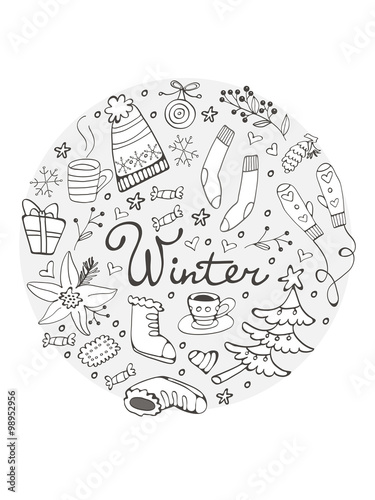 Amazing collection of hand drawn winter related graphic elements. Round composition