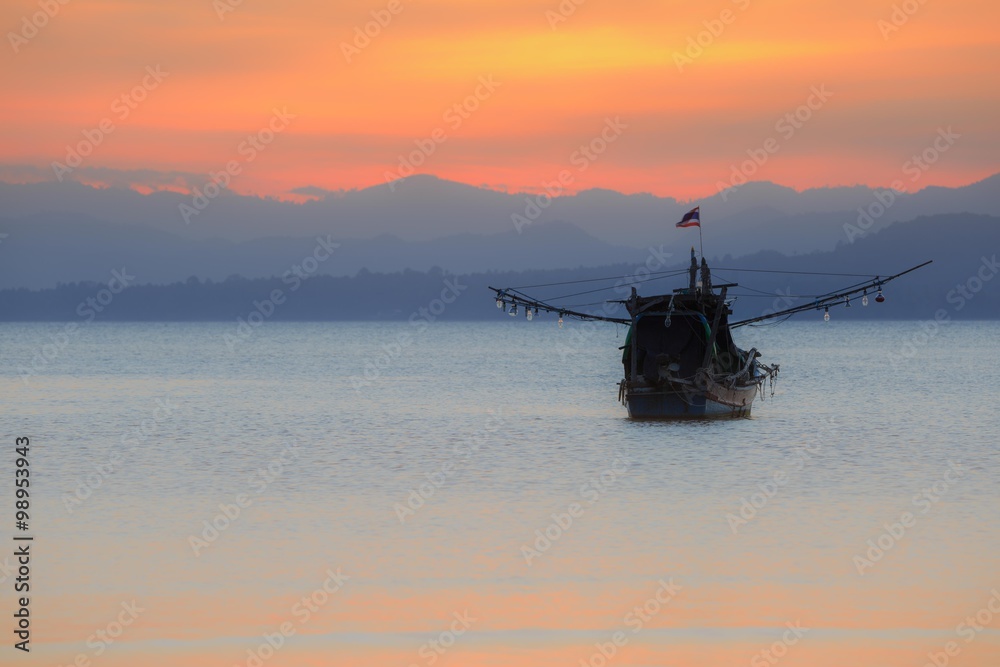 Sunset Coastal fisheries boat in Thailand