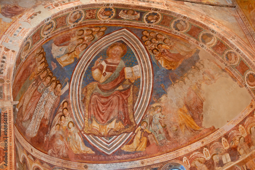 Frescoed nave of the Pomposa Abbey Saint Mary church.