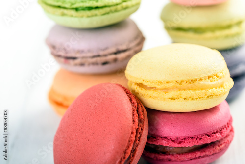 French Macaroons On White Boards Background